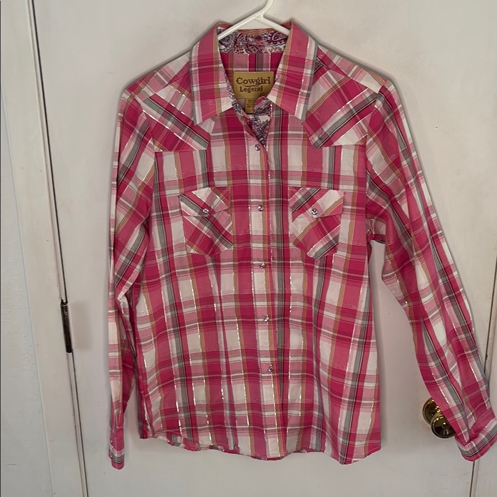Cowgirl Hardware pink white silver plaid long sleeve western shirt Size Large